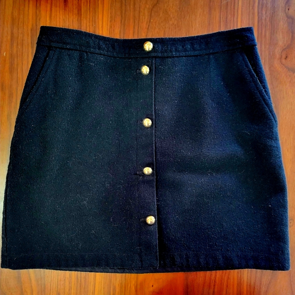LOFT Black Wool Skirt with Shiny Gold Buttons & POCKETS